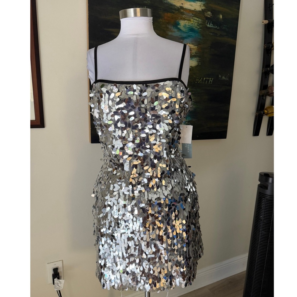 NWT London Times Petites Sequin Mini Dress 14P Silver Cocktail 2000s
